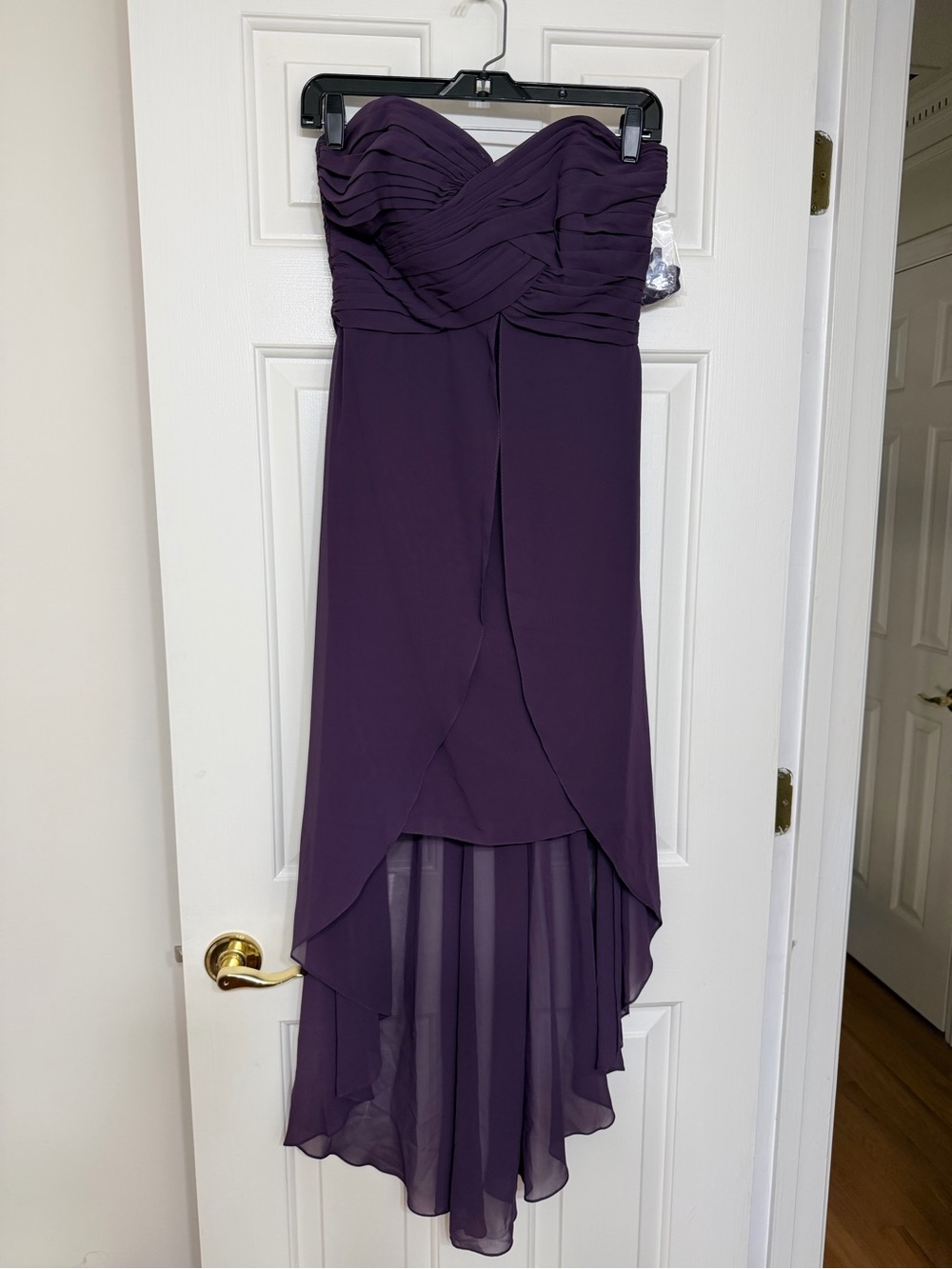 David's Bridal Strapless Plum Chiffon High-Low Dress